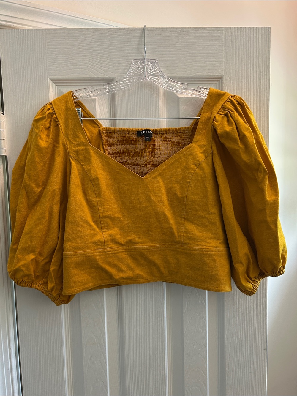 Express Mustard Yellow Puff Sleeve Sweetheart Neck Crop Top Linen Blend Large